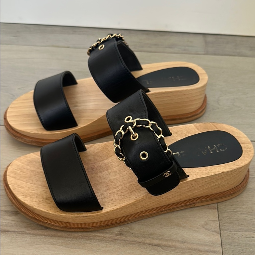 CHANEL Black Mules with Chain Detail